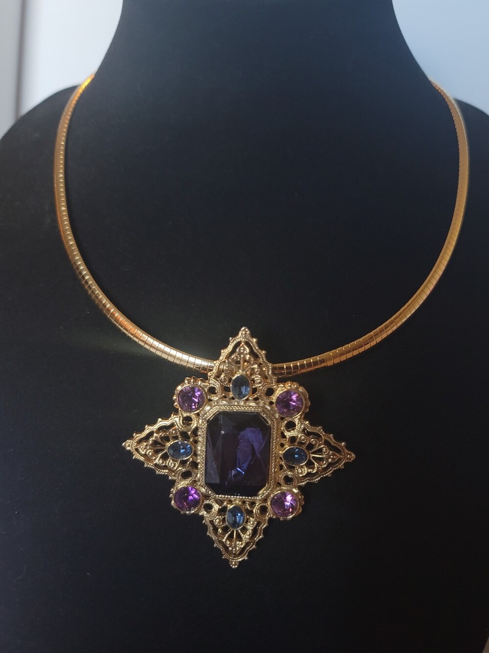 1928 Purple & Blue Faceted Glass Brooch Pendant Goldtone Omega - Estate